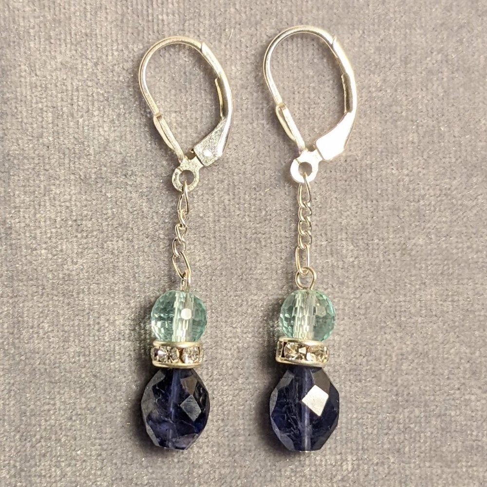 Sterling Silver Drop Earrings with lolite, Aquamarine, and Swarovski Crystals